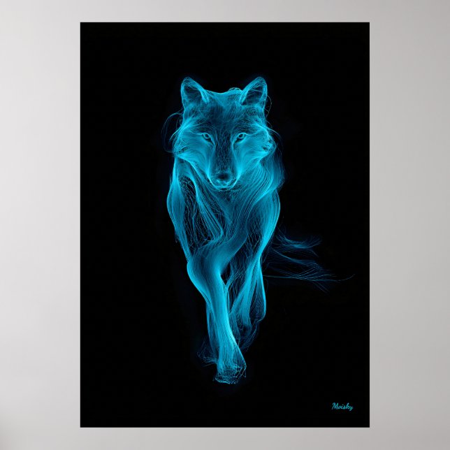 Neon Blue Wolf Futuristic Filament Wall Art Poster (Vorne)