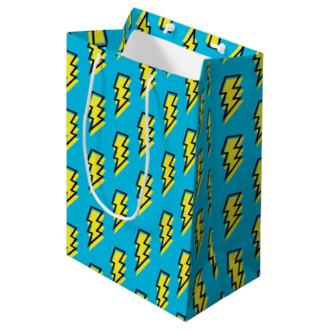 Neon Blue Yellow Lightning Bolt Pattern der 80er/9 Mittlere Geschenktüte (Vorderseite Schrägansicht)