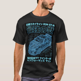 Neon-Blueprint Skyline R34 Techwear-Grafik T-Shirt