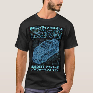 Neon-Blueprint Skyline R34 Techwear-Grafik T-Shirt