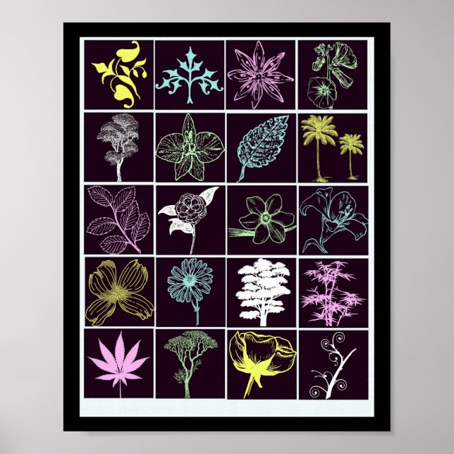 Neon Blume und Pflanze Silhouette Kunst Poster (Vorne)