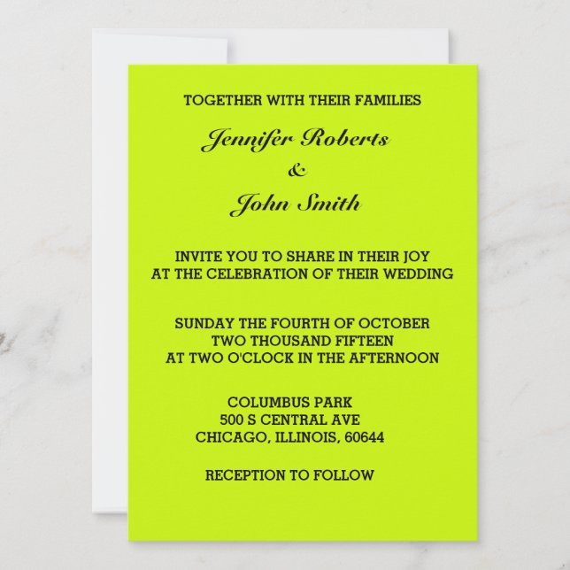 Neon Bright Lime Green Wedding farbenfroh Einladung (Vorderseite)