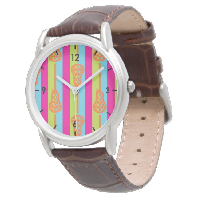 Neon Bright Retro Lacrosse Sticks and Stripes Armbanduhr (Schrägansicht)