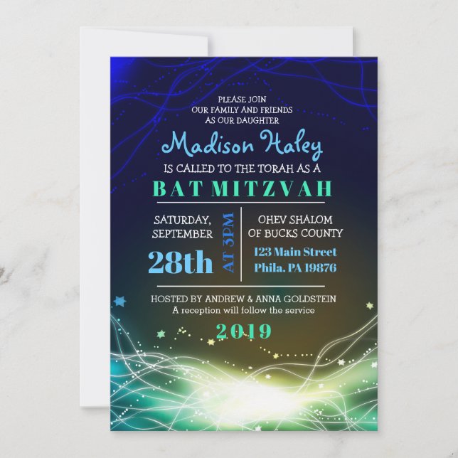 Neon brillant Stars Bar Mitzvah bleu Invitation (Devant)