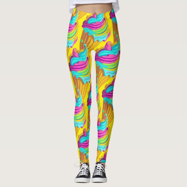 Neon Bubble Gum Ice Creme Cones Muster Leggings (Vorderseite)