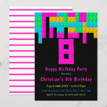 Neon Building Blocks Invitations 8e anniversaire