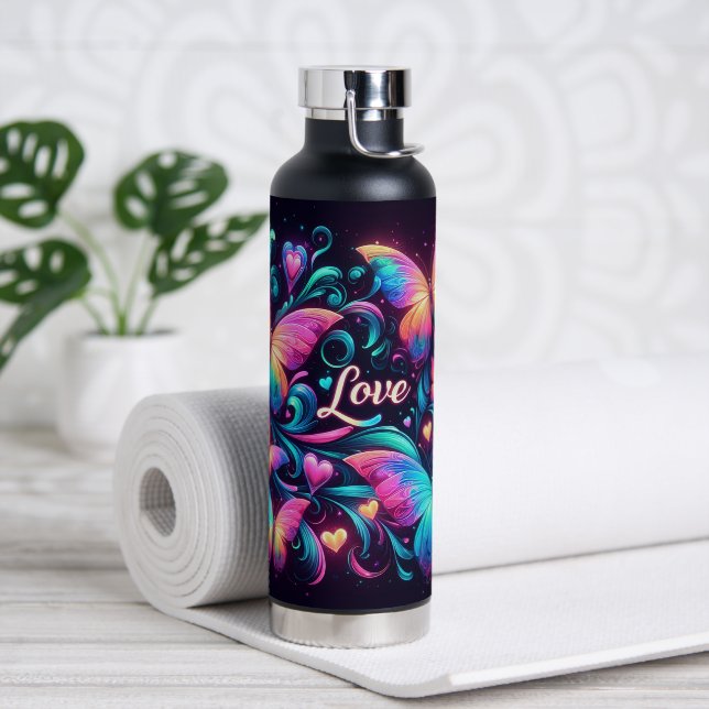 Neon Butterflies, Herz und Liebe Trinkflasche (Yoga)