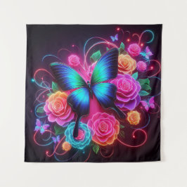 Neon Butterfly & Rose Wandteppich