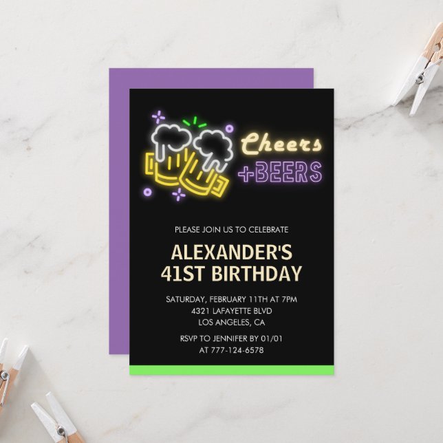 Neon Cheers Beer Black 41e anniversaire invitation (Devant/Arrière en situation)