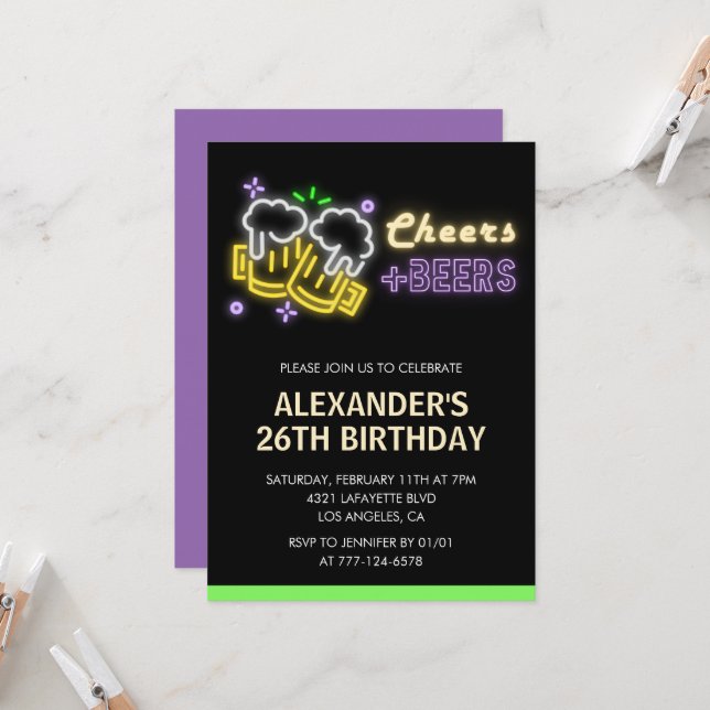 Neon Cheers Beer Black invitation pour 26e anniver (Devant/Arrière en situation)