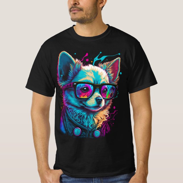 Neon Chihuahua in Sonnenbrille Cool Psychedelische T-Shirt (Vorderseite)