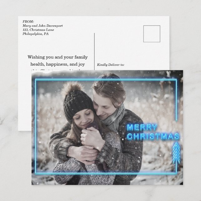 Neon Christmas Blue Foto Feiertagspostkarte (Vorne/Hinten)