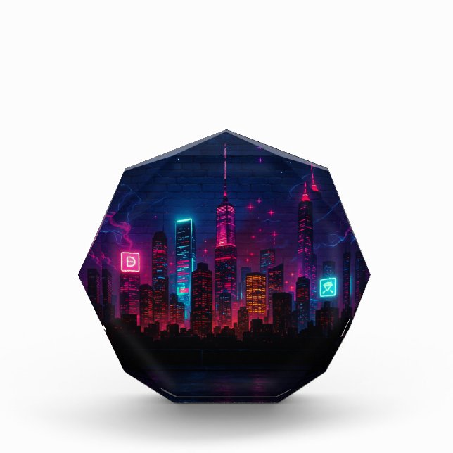 Neon City Skyline: Retro-Futurismus Fotoblock (Vorderseite)