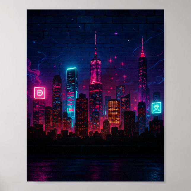 Neon City Skyline: Retro-Futurismus Poster (Vorne)