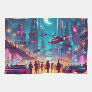 Neon Cityscape Geschirrtuch