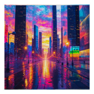 Neon Cityscape Reflections at Sunset Futuristic Poster