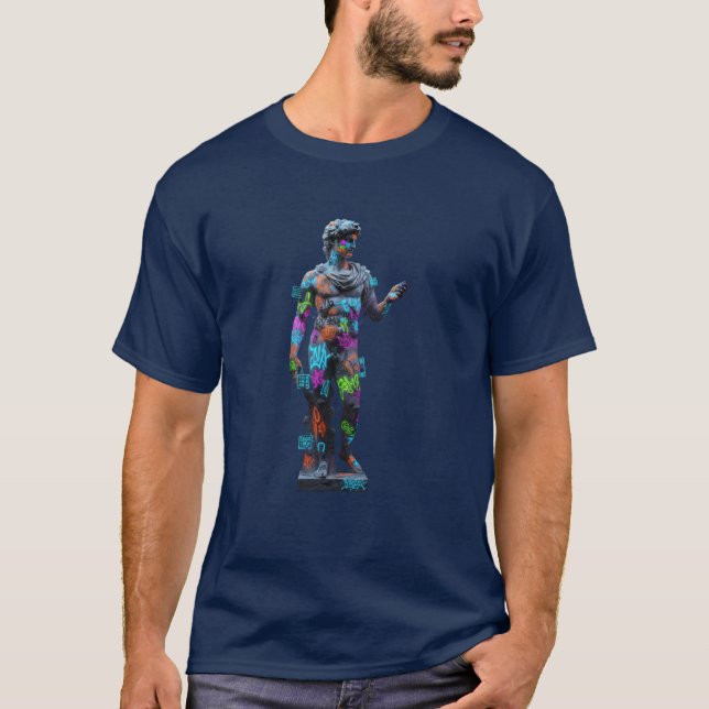 Neon Classical Chaos – Modern Statue Street Art T-Shirt (Vorderseite)