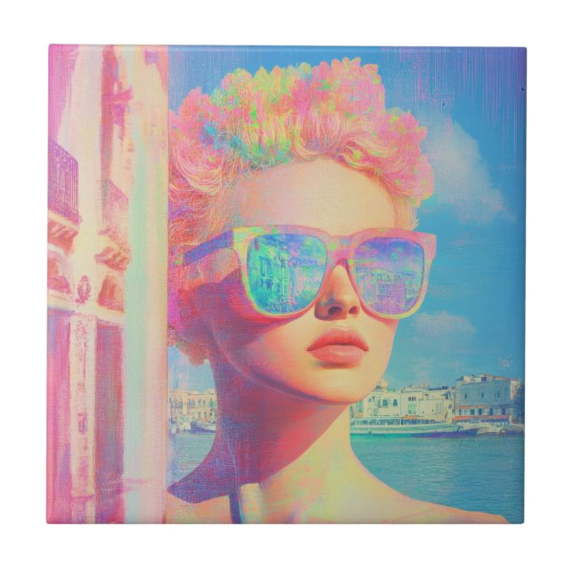 Neon Coastal Beauty mit Sonnenbrille Fliese (Vorderseite)
