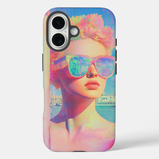 Neon Coastal Beauty mit Sonnenbrille iPhone 16 Hülle (Rückseite)