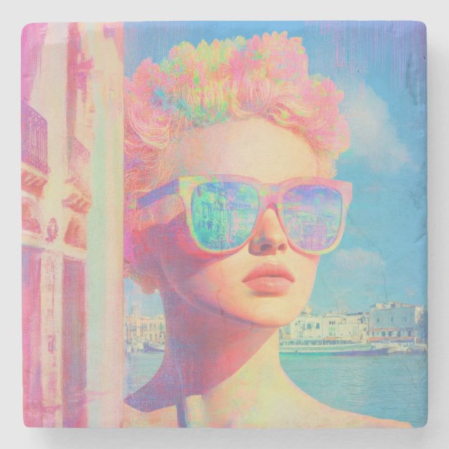 Neon Coastal Beauty mit Sonnenbrille Steinuntersetzer (Vorderseite)