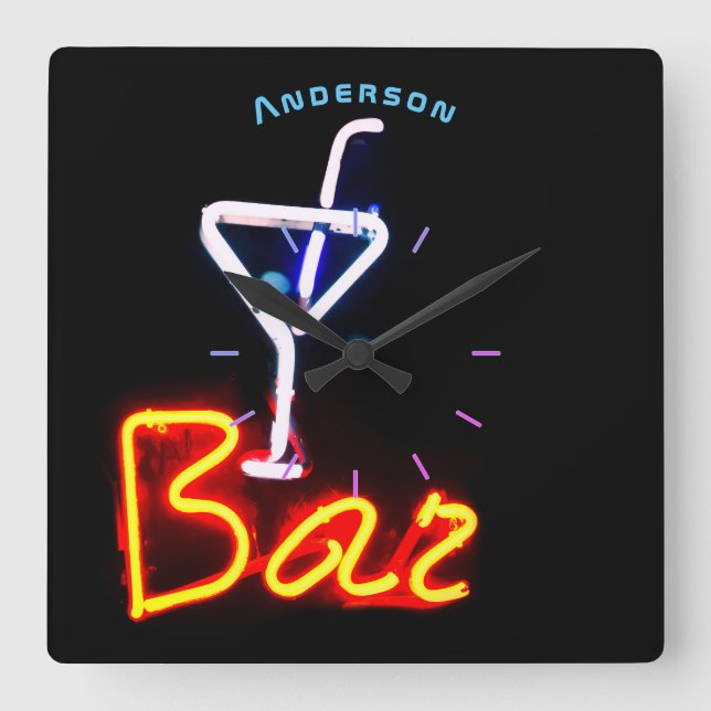 Neon Cocktail Bar Den Mancave Personalisiert Wall Quadratische Wanduhr (Vorderseite)