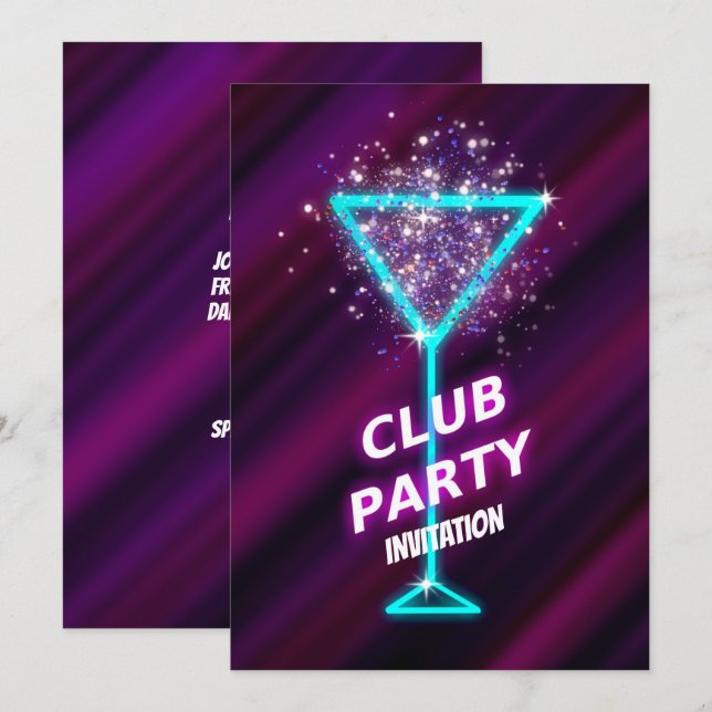 Neon-Cocktail Night Club Party Einladung (Vorne/Hinten)