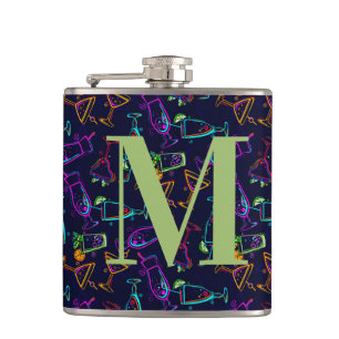 Neon-Cocktails auf schwarzem Monogramm Personalisi Flachmann
