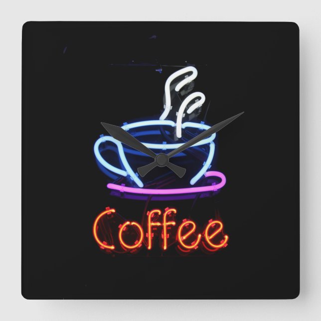 Neon Coffee Sign Quadratische Wanduhr (Vorderseite)