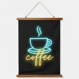 Neon Coffee Symbol & Text Wandteppich Mit Holzrahmen
