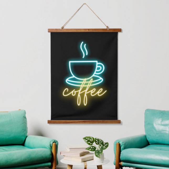 Neon Coffee Symbol & Text Wandteppich Mit Holzrahmen (Wohnzimmer)