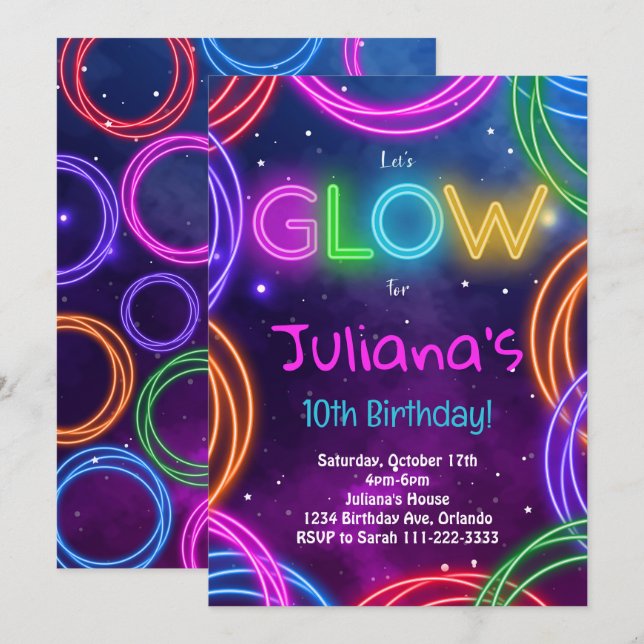 Neon coloré lueur Anniversaire Invitation (Devant / Derrière)
