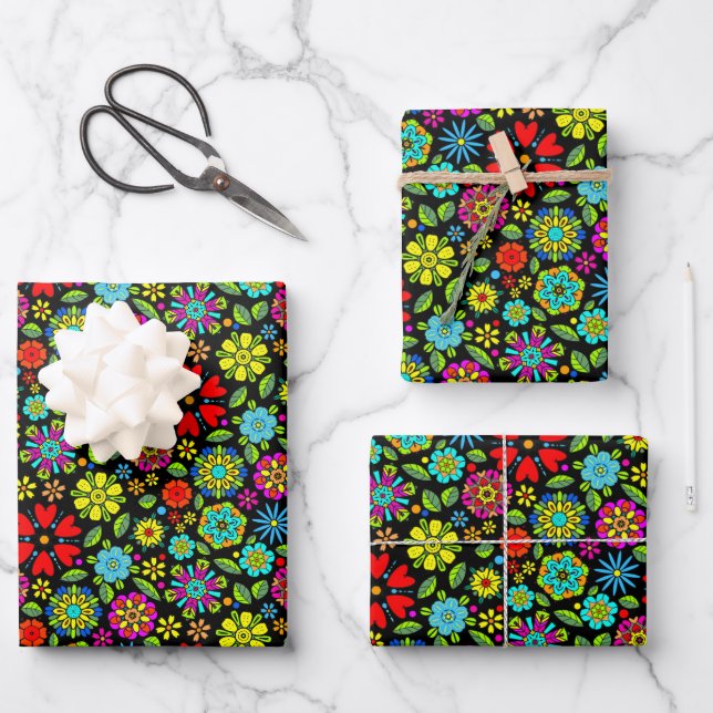 Neon Colors On Black Retro Floral Seamless Pattern Geschenkpapier Set (Vorderseite)