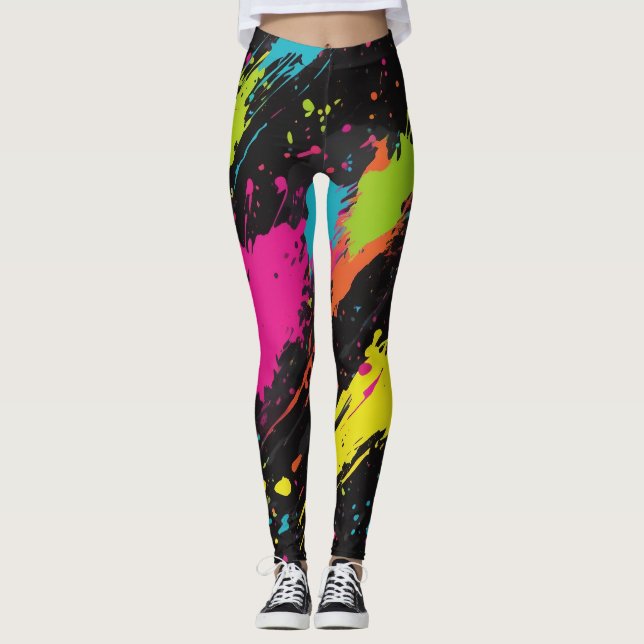 Neon Colors Retro Paint Spritzer Leggings (Vorderseite)