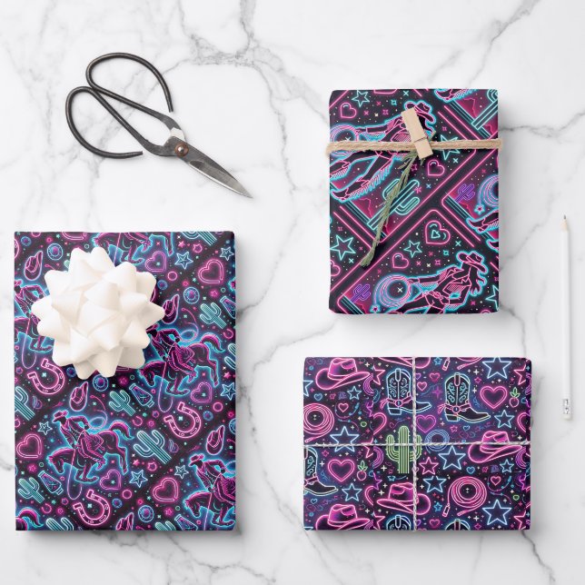 Neon Cowboy & Cowgirl Geschenkpapier Set (Vorderseite)