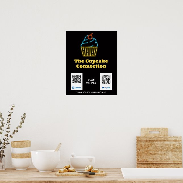 Neon Cupcake Scan zur Bezahlung von QR-Code-Zeiche Poster (Küche)