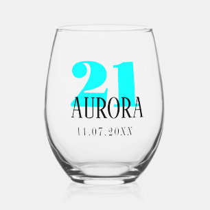 Neon Cyan Birthday Number Schwarzes Datum Weinglas Ohne Stiel