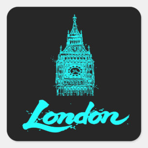 Neon Cyan London Big Ben Skizze Modern Schwarz Quadratischer Aufkleber