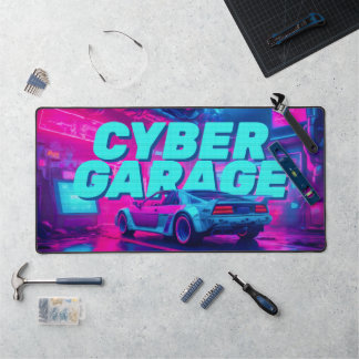 Neon Cyan Magenta Cyberpunk Garage Retro Auto Schreibtischunterlage