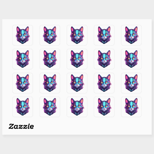 Neon Cyber Cat Quadratischer Aufkleber (Blatt)