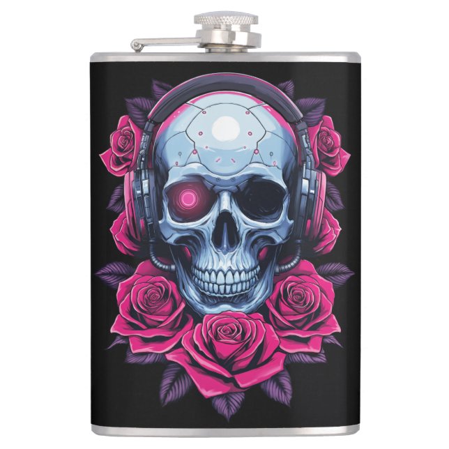 Neon Cyber Death Skull und Rose Black Flachmann (Vorderseite)