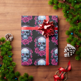 Neon Cyber Death Skull und Rose Black Geschenkpapier