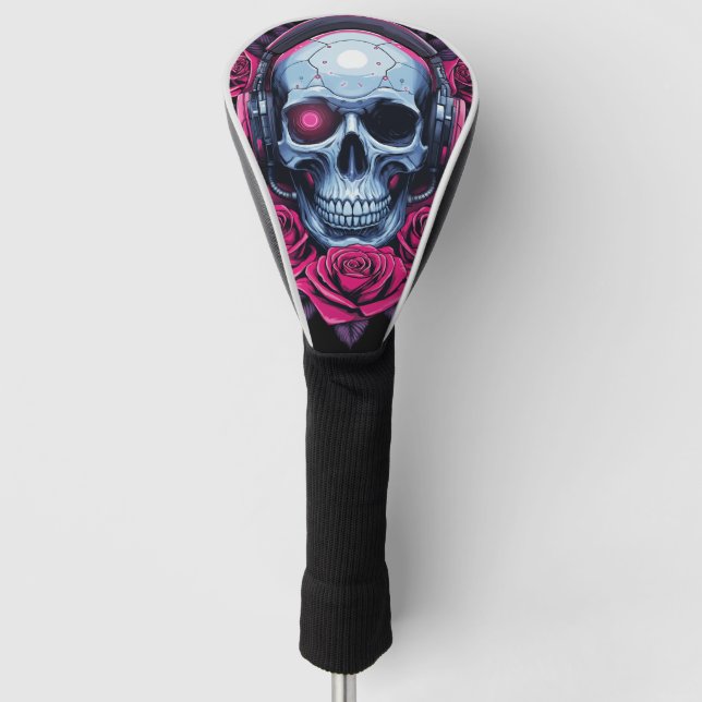 Neon Cyber Death Skull und Rose Black Golf Headcover (Vorderseite)