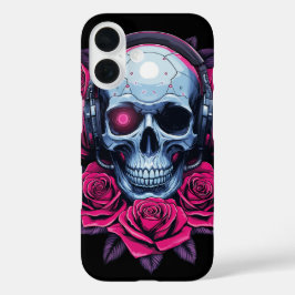 Neon Cyber Death Skull und Rose Black iPhone 16 Hülle