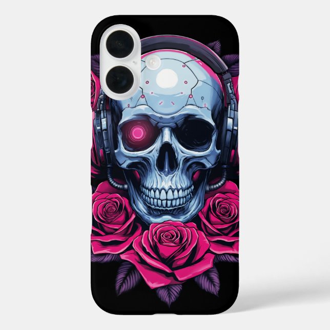 Neon Cyber Death Skull und Rose Black iPhone 16 Hülle (Rückseite)