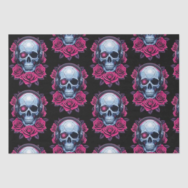 Neon Cyber Death Skull und Rose Black Seidenpapier (Vorderseite)