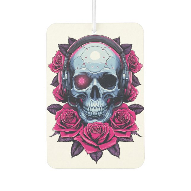 Neon Cyber Death Skull und Rose Weiß Autolufterfrischer (Vorderseite)