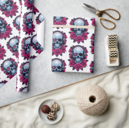 Neon Cyber Death Skull und Rose Weiß Geschenkpapier