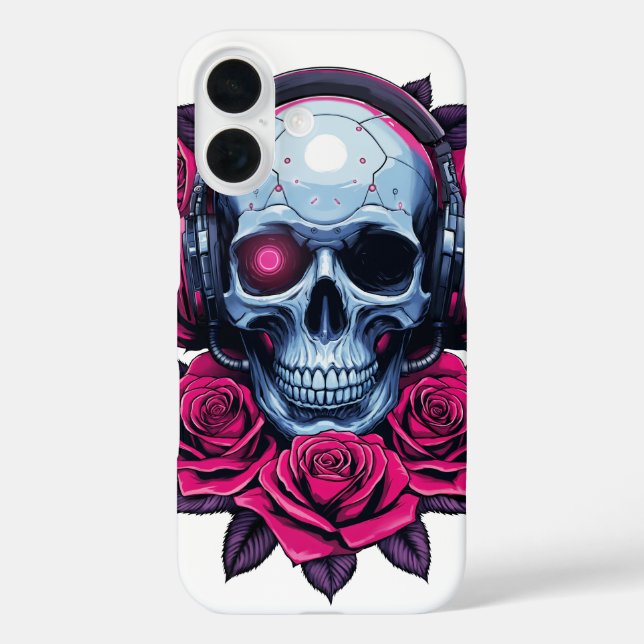 Neon Cyber Death Skull und Rose Weiß iPhone 16 Hülle (Rückseite)