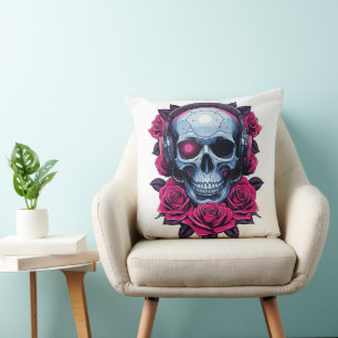 Neon Cyber Death Skull und Rose Weiß Kissen