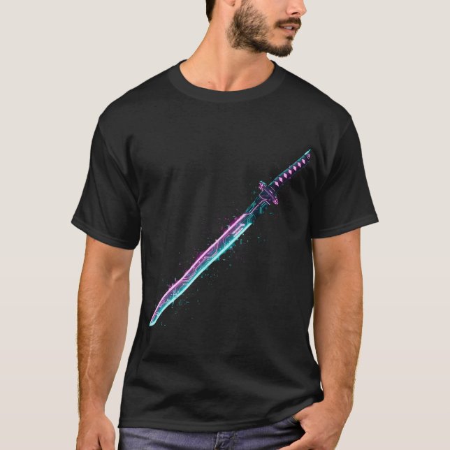 ​Neon Cyber-Katana: Digital Blade Tech T-Shirt (Vorderseite)